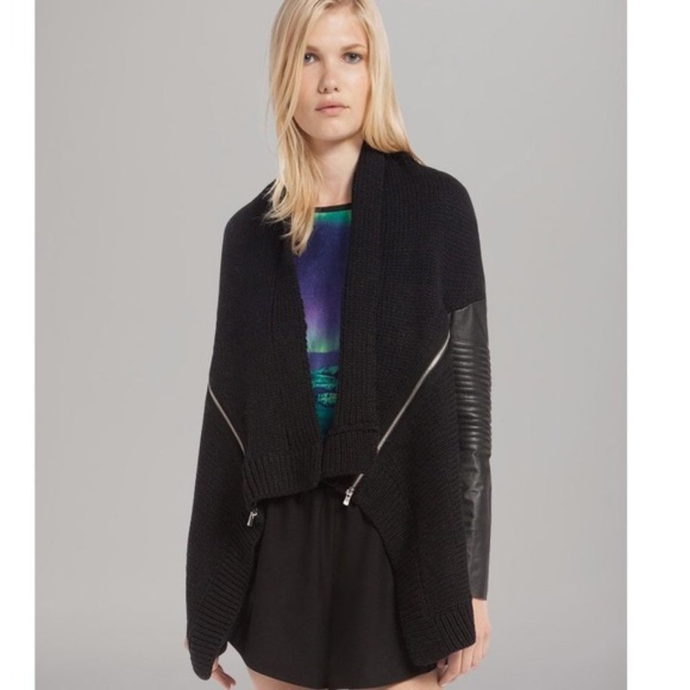 Maje ‘Doucer’ Wool Cardigan Leather Moto Sleeve